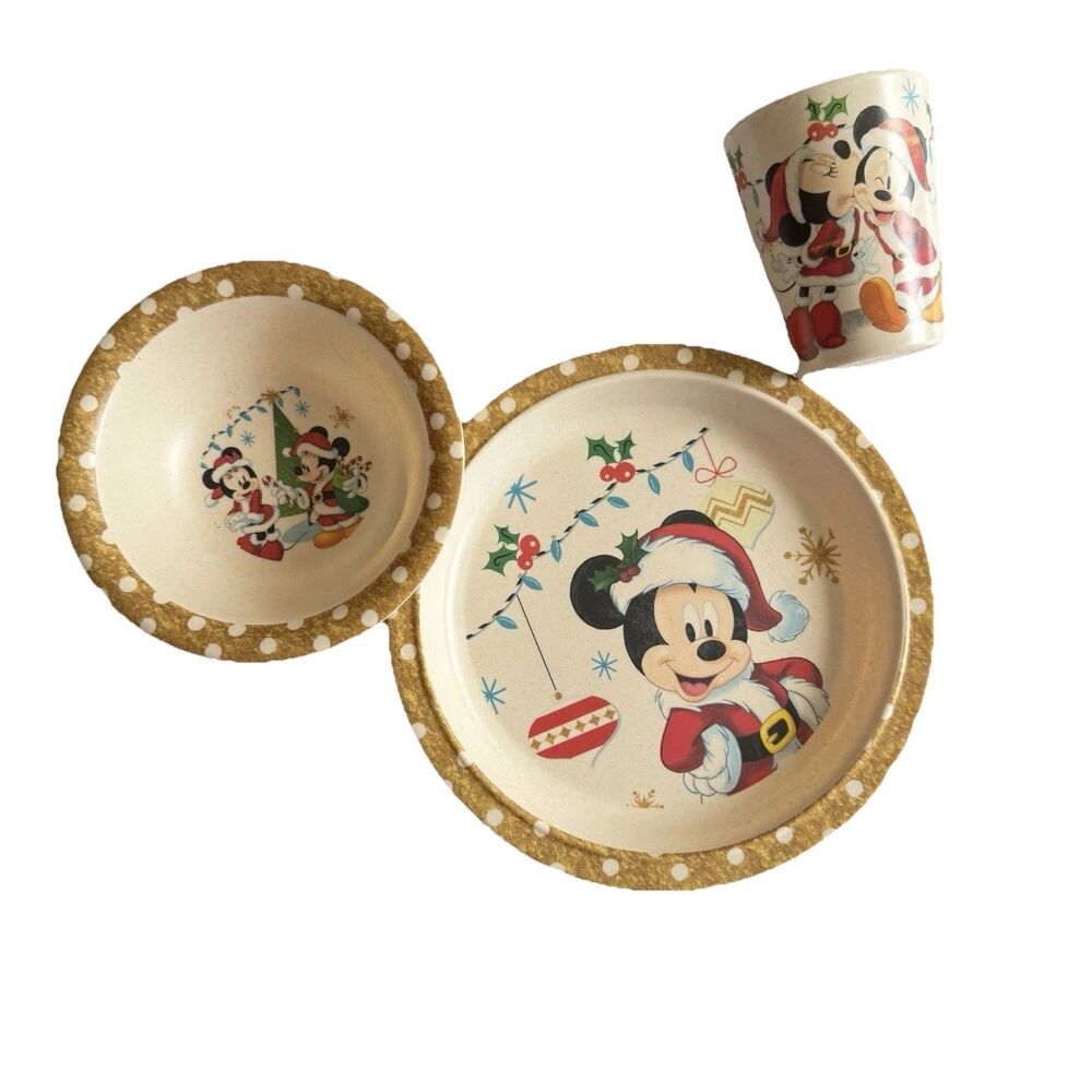 Vintage Disney Mickey Mouse Minnie Christmas Dish Set Holiday Plate Bowl Cup